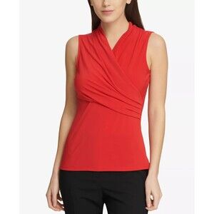 DKNY Women's V Neck Sleeveless Ruched Side Top Blouse Formal Casual Chic Red M